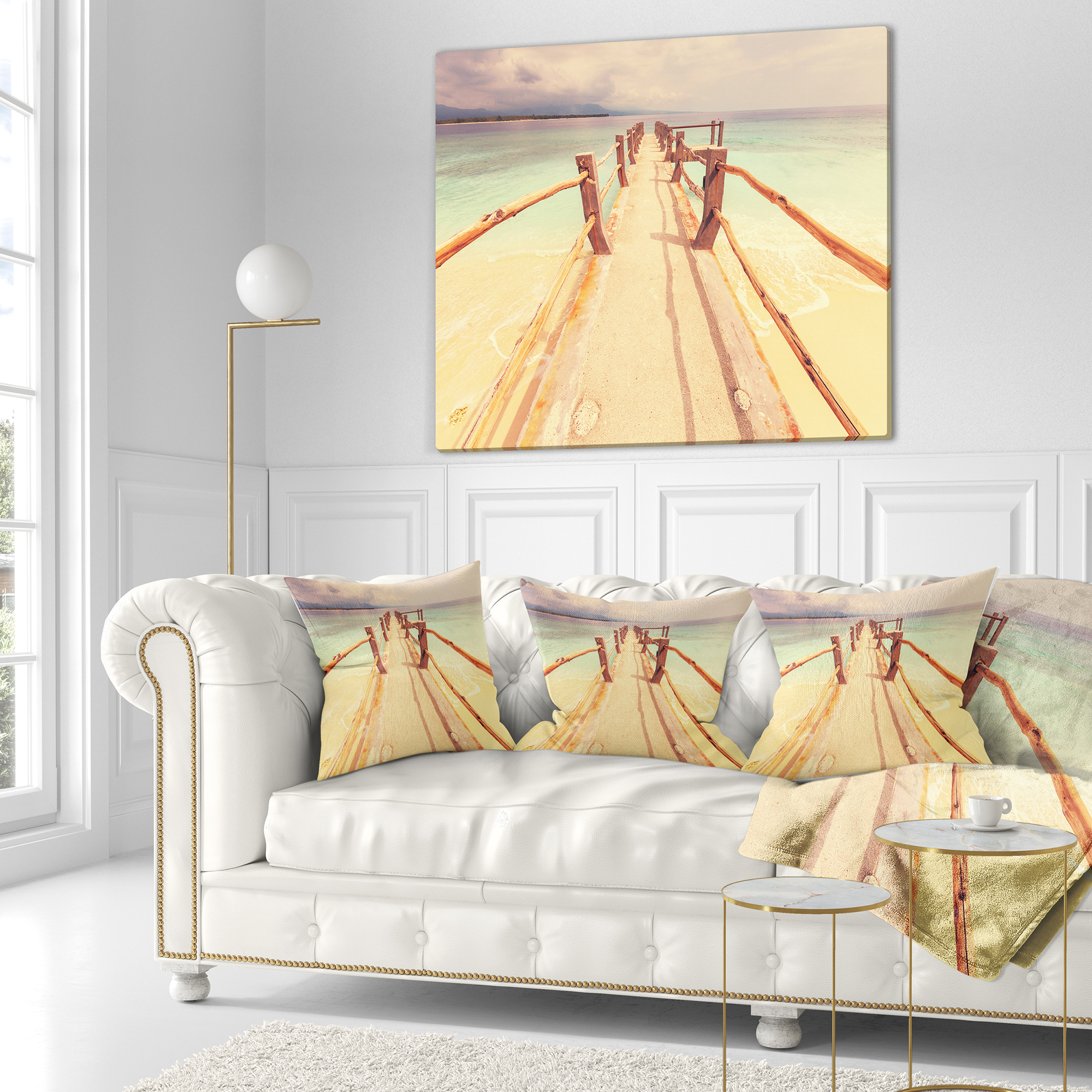 Designart Large Wooden Pier at Gili Island - Sea Bridge Throw Pillow - 18x18