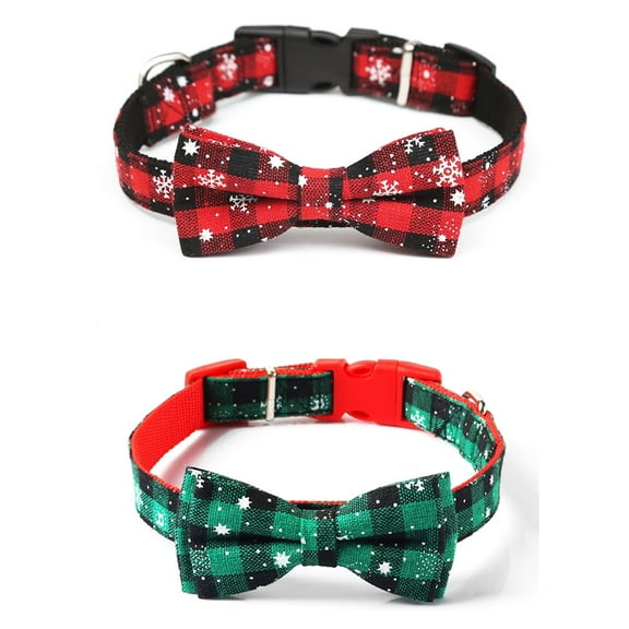 Dog Collar with Bow tie Christmas Classic Plaid Snowflake Red Green Dog Collar with Light Adjustable Buckle Suitable for Small Medium Large Dogs Cats Pets