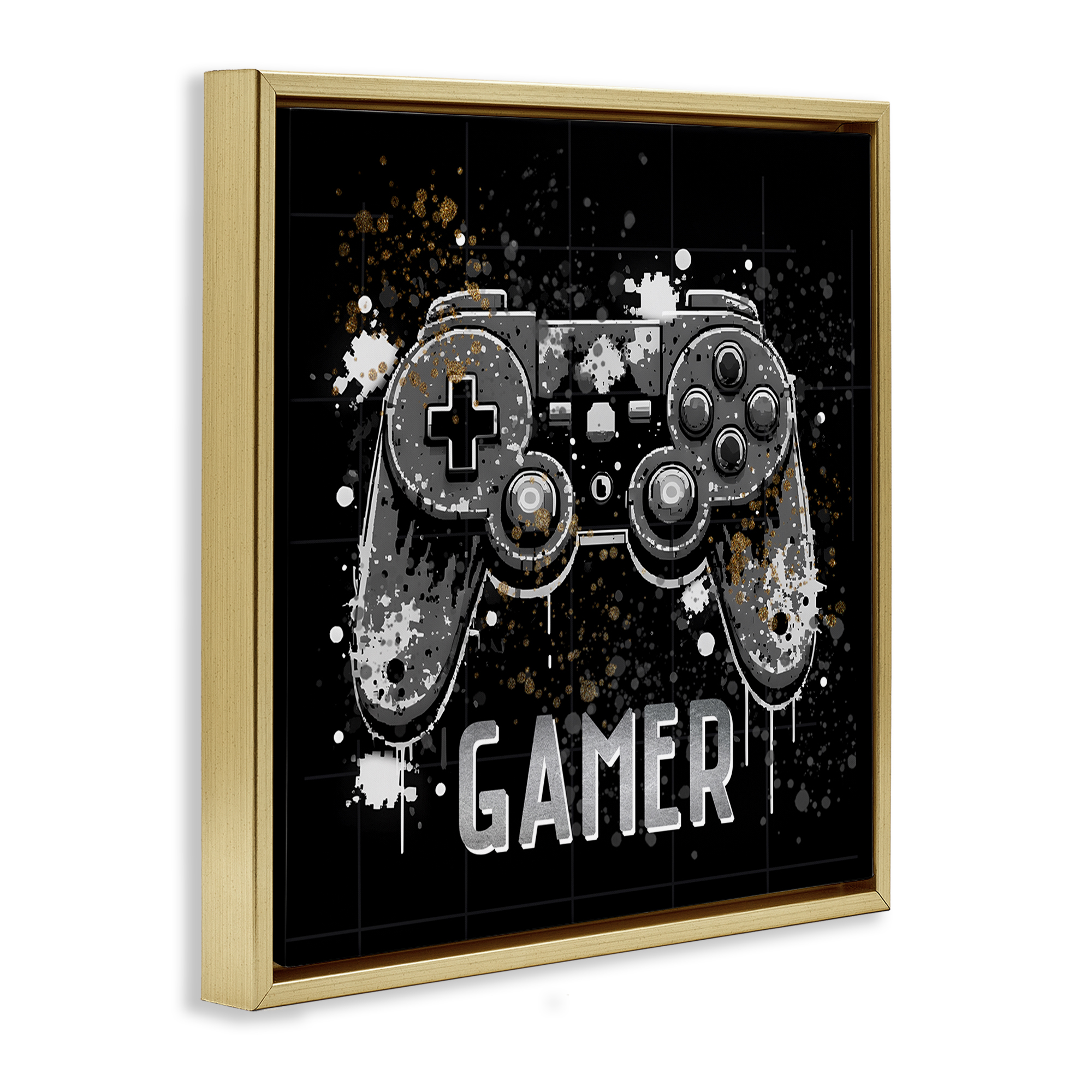 Stupell Industries Pixel Style Gamer Entertainment Painting Gold Floater Framed Canvas Art Print Wall Art, 18 x 18