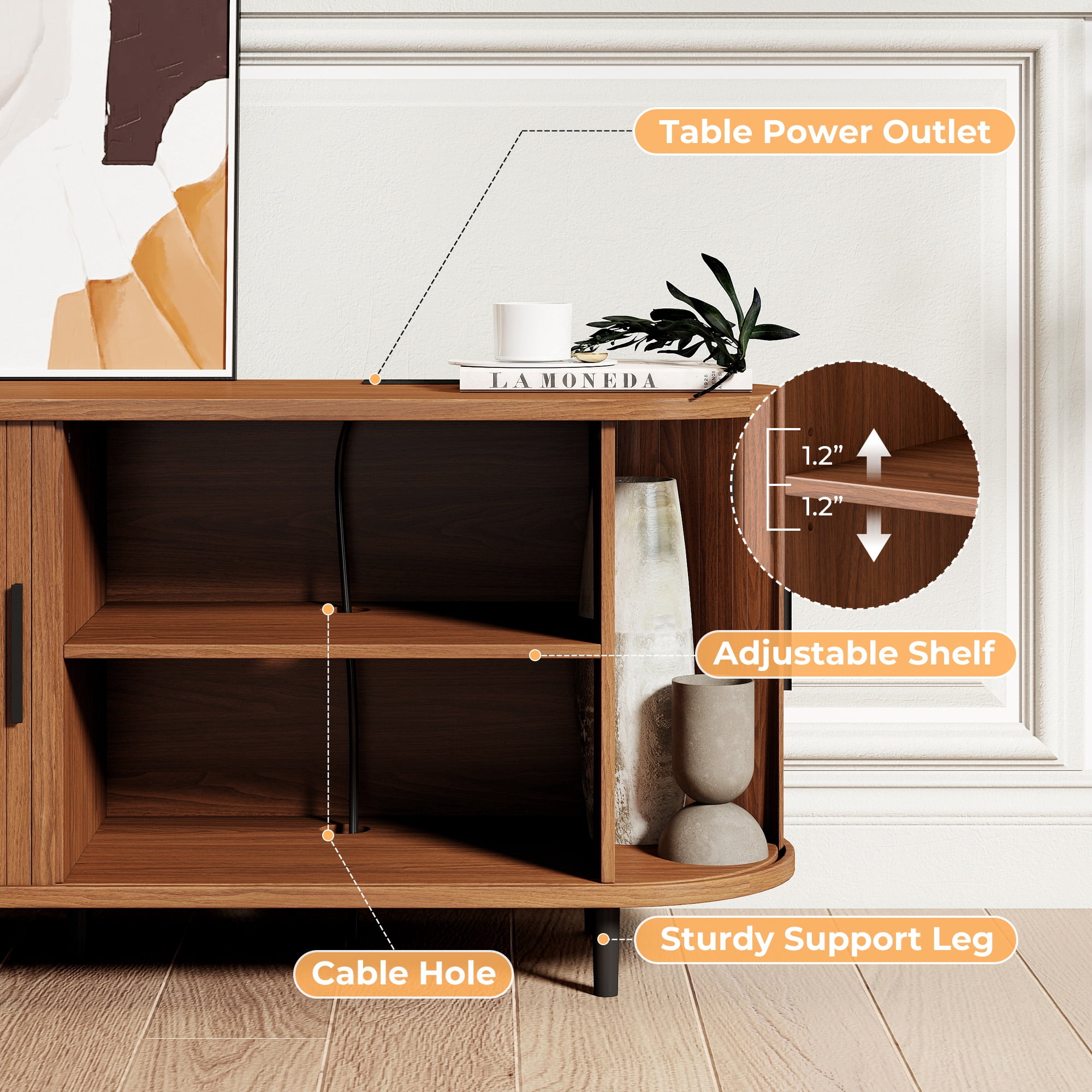 Walnut 55" TV Stand with Power Outlet, Modern Entertainment Center for TVs up to 60", Media Console with Storage Shelves & Sliding Doors