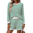 thumbnail image 3 of 2 Piece Sets for Women Summer Cute Stripe Long Sleeve Knit T Shirts Shorts Matching Lounge Set Green S, 3 of 8