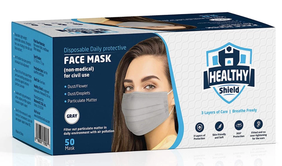 CRESTIN- 50 Pcs Face Mask Non Medical Surgical Disposable 3-Ply Ear Loop Mouth Cover-Gray