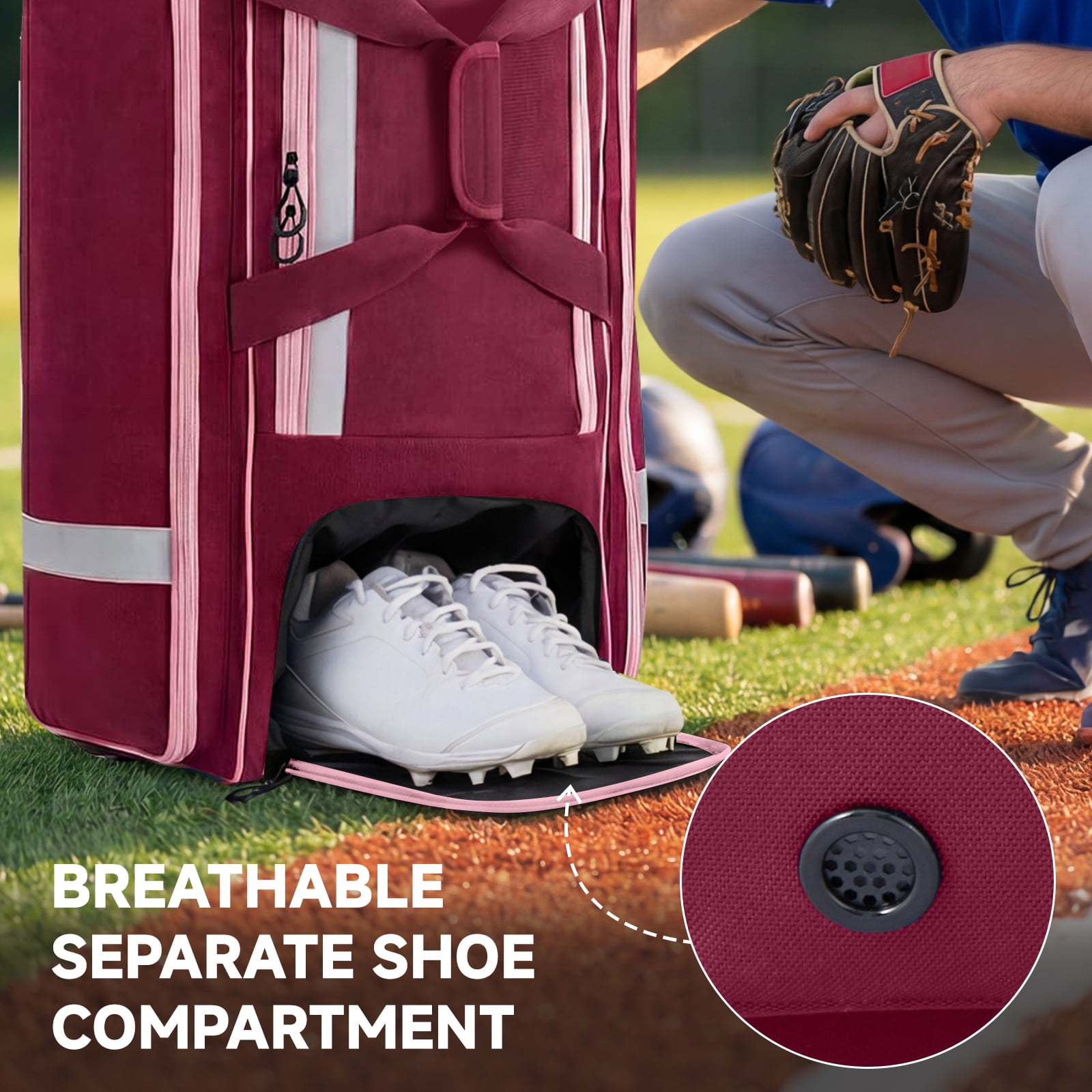 Fegat Rolling Baseball Bag with Wheels,100L Large Softball Bag Catchers Gear Bags for 8 Bats,Equipment Bag with 5 Fence Hooks,Reflective Strip,Shoe Compartment,Holds All Softball Baseball Equipment