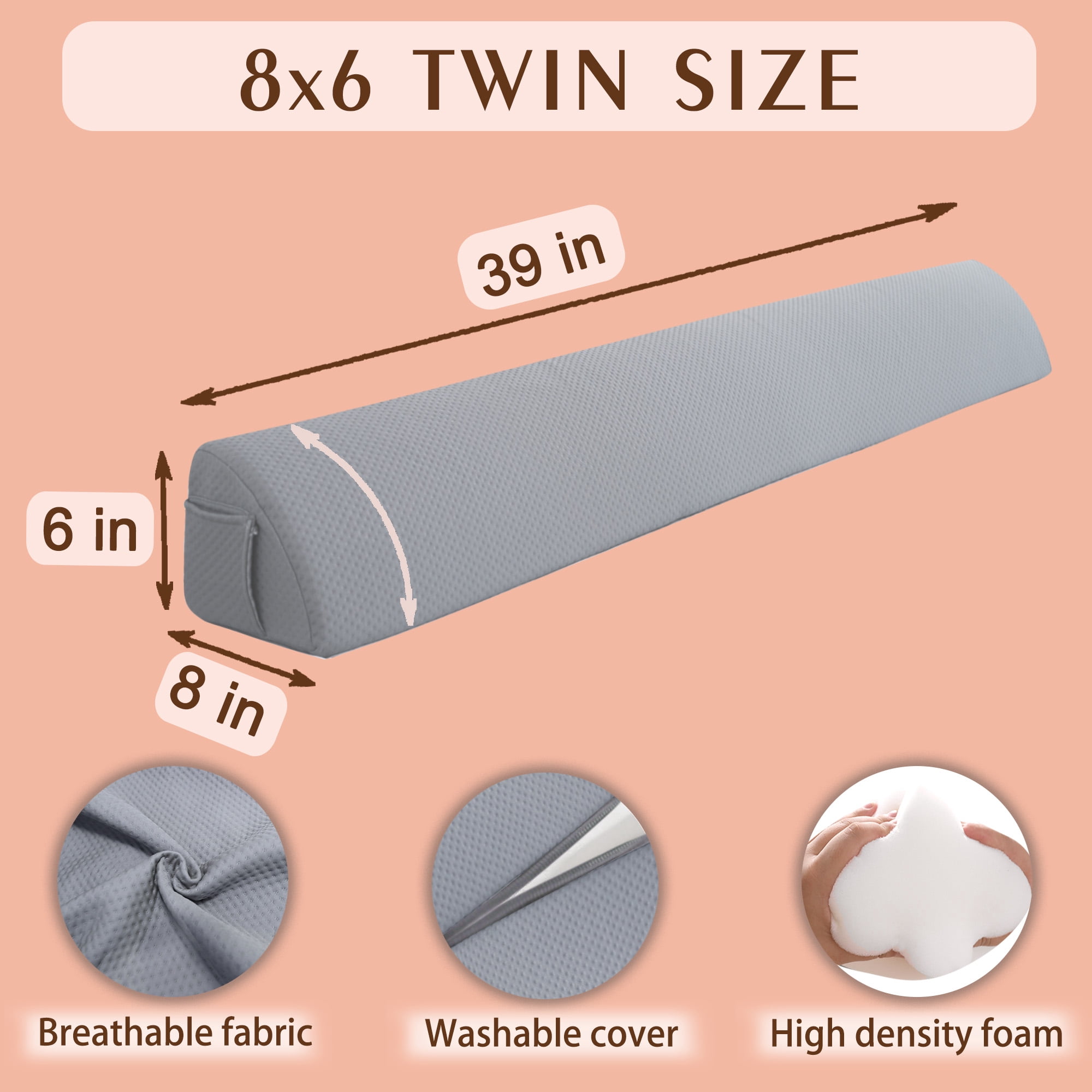 Jakoola Twin 39"x8"x6" Headboard Gap Pillow Bed Wedge Pillow Mattress Gap Fill for Headboard Bedside, Gray