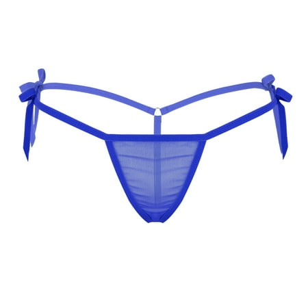Linjinx Women s Lingerie Sheer Low Rise Tie-Side T Back G-String Micro Thong Underwear Blue One Size