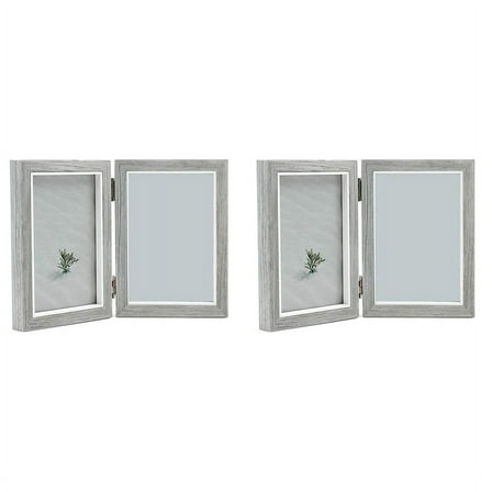 2X Double Picture Frame 4X6in Grey Photo Frames Wooden Hinged Folding