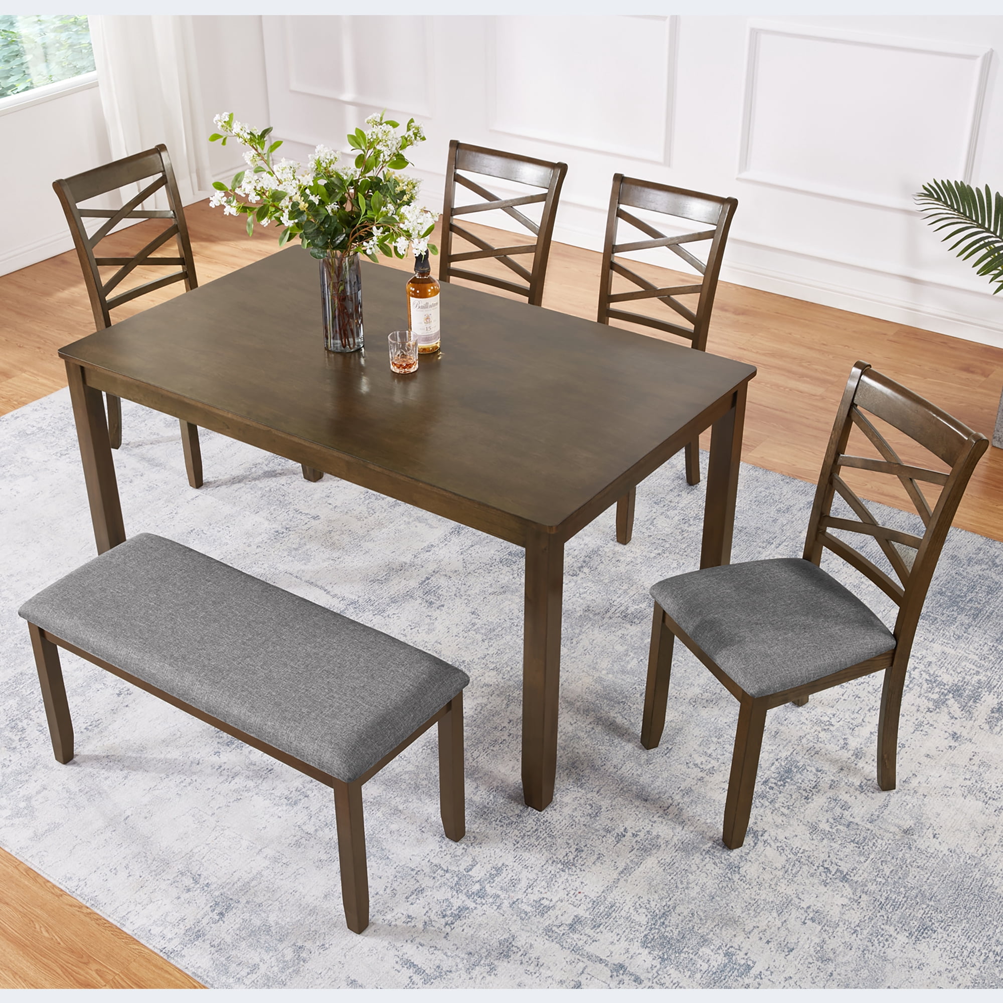 Leumius 6 Piece Kitchen Dining Set,Wood Rectangular Kitchen Table with 4 Upholstered Chairs and a Bench,Dining Table Set for 6 People,Kitchen Dining Table Set for Living Room, Home Bar and Kitchen