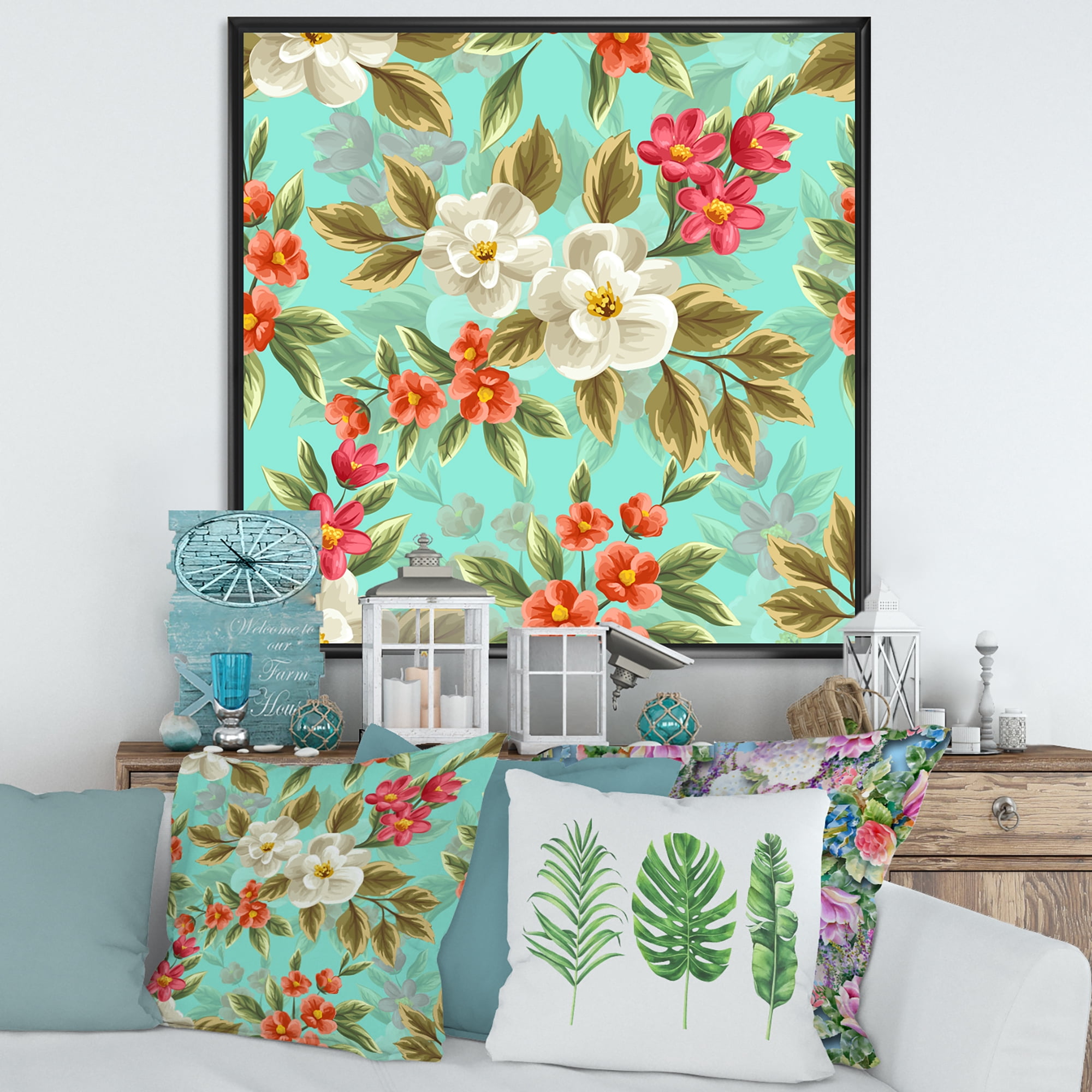 Designart 'Red and White Floral Seamless Pattern' Traditional Framed Canvas Wall Art Print