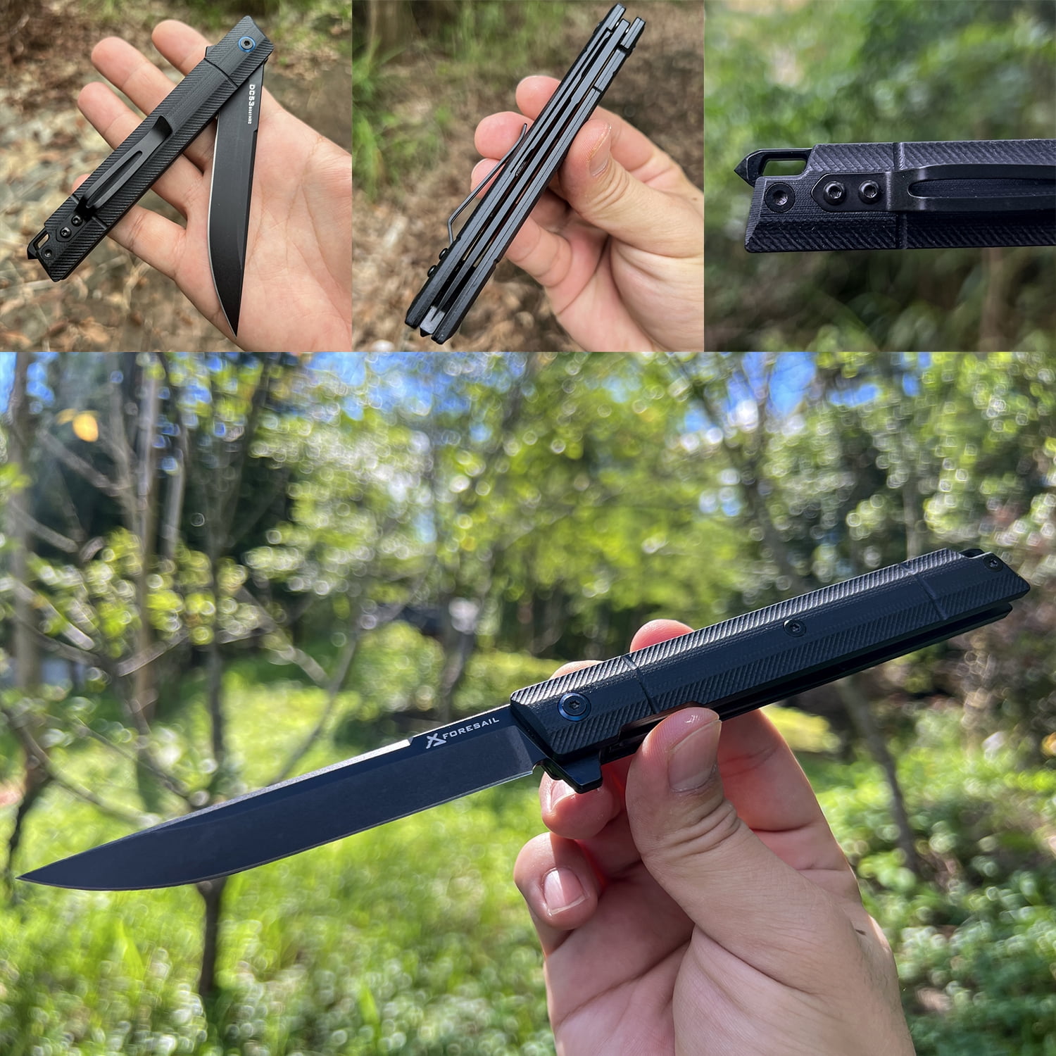 FORESAIL Pocket Folding Knife Black PVD DC53 steel and Black G10 Handle  Outdoor Camping EDC knife