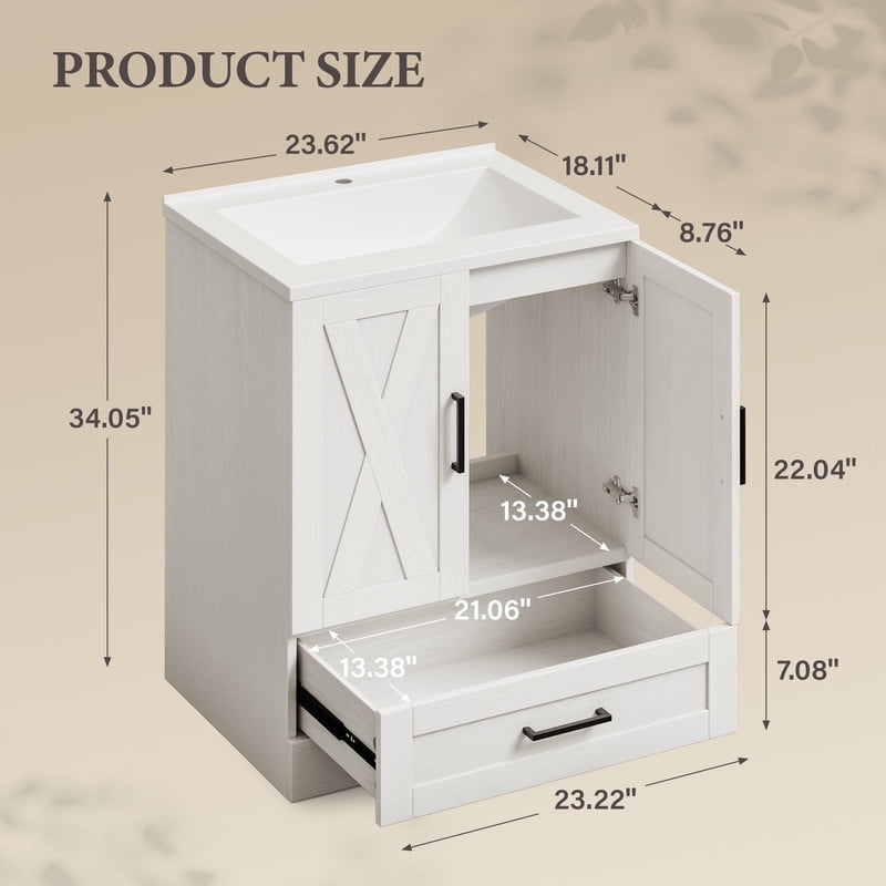Vineego 24" Bathroom Vanity with Resin Sink, Freestanding Wood Vanity Cabinet with 2 Doors & 1 Drawer, Undermount Sink Storage Cabinet, White
