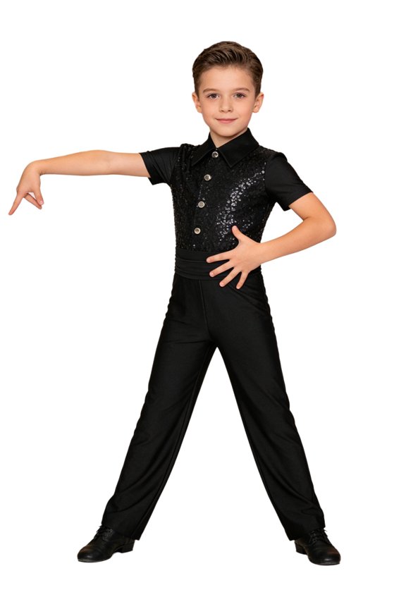Kids Boys Latin Dance Bodysuit Short Sleeve Sequin Shirt Leotard Gymnastics Unitards for Stage Performance Black 16
