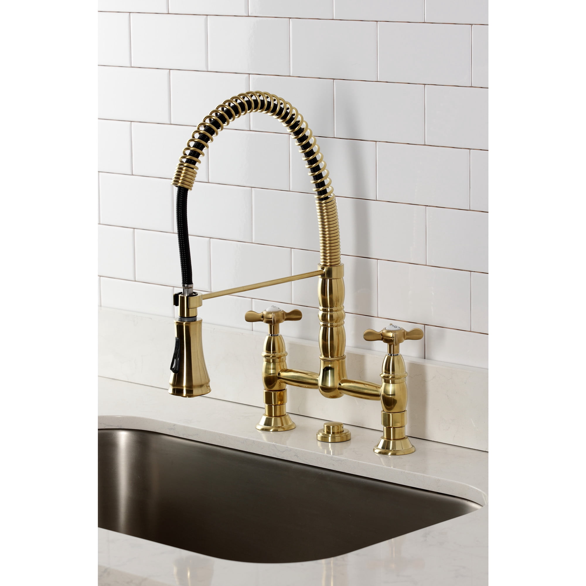 Kingston Brass GS1277BEX Essex Double-Handle 2-Hole Deck-Mount Pre-Rinse Bridge Kitchen Faucet in Brushed Brass