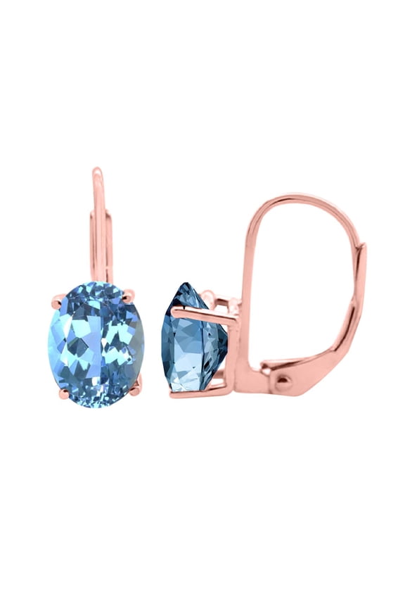 Ear Rings for Women 3.1 Carat 8x6MM Oval Blue-Topaz Leverback Earrings Carat 14K Rose Gold 4-prong