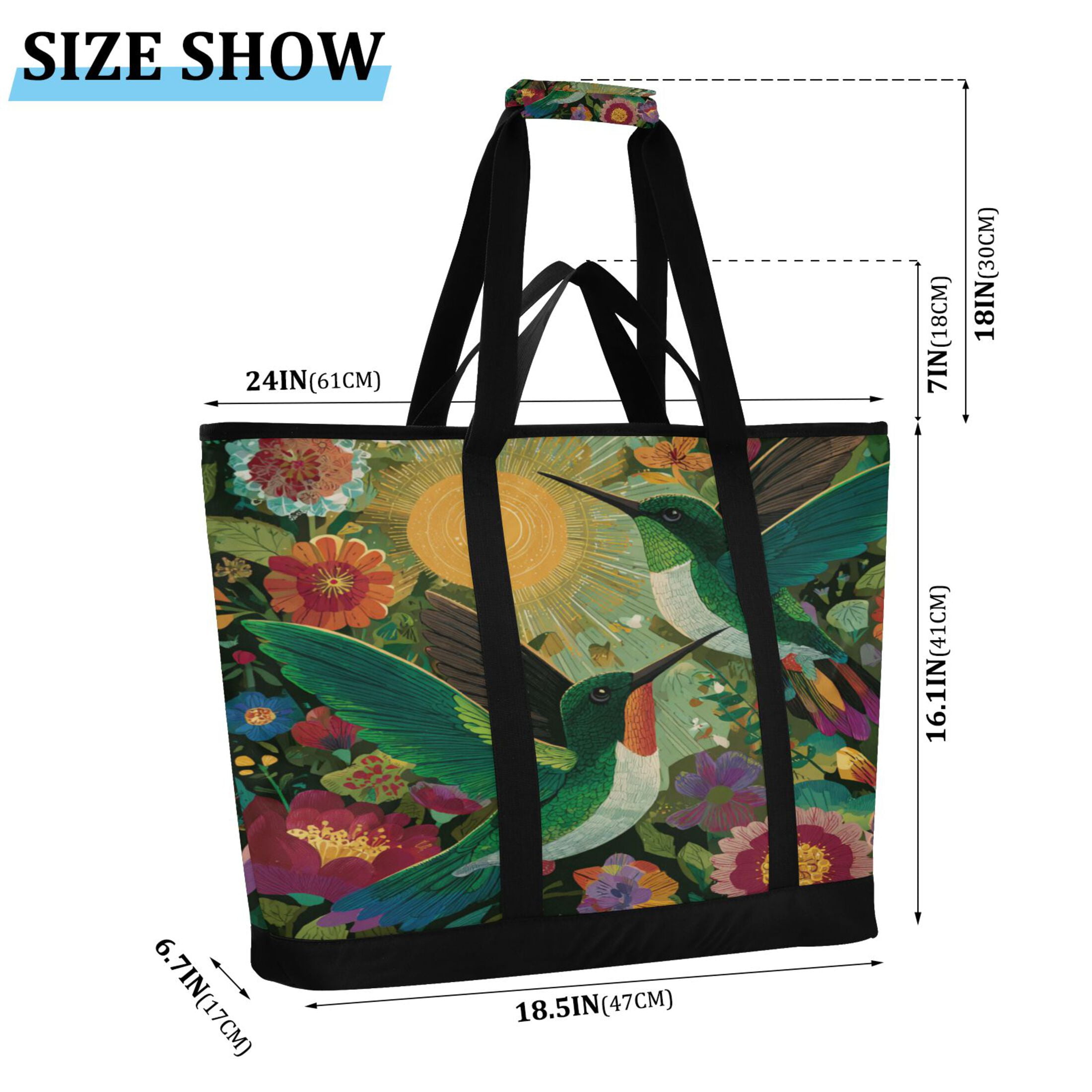 Extra-Large Wide Opening Design Capacity Hand-Held Ice Pack Thickened Insulation Layer For Long-Lasting Cold Retention For Outdoor Shopping Picnics And Camping Two Affectionate Green Hummingbirds