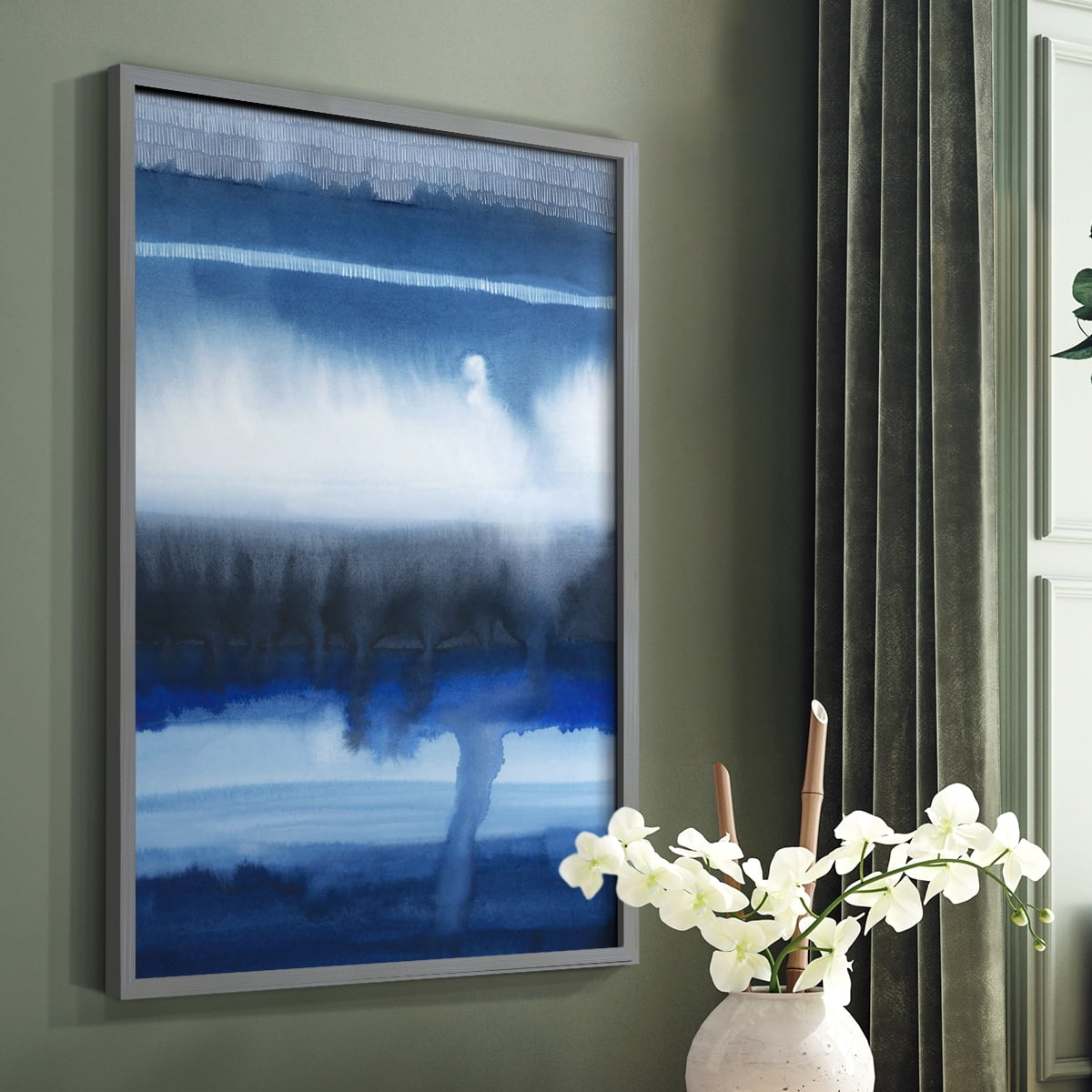 Deep Blue Shore I Framed Print in Gray Solid Wood Framed Print No Nail Hanging
