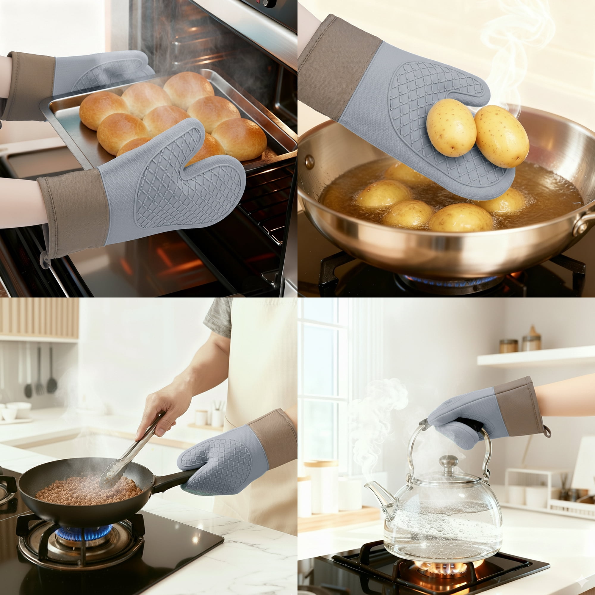 Unique Bargains 2pcs Soft Silicone and Cotton Heat-Resistant Oven Mitts Gray 11.2" x 7.7"