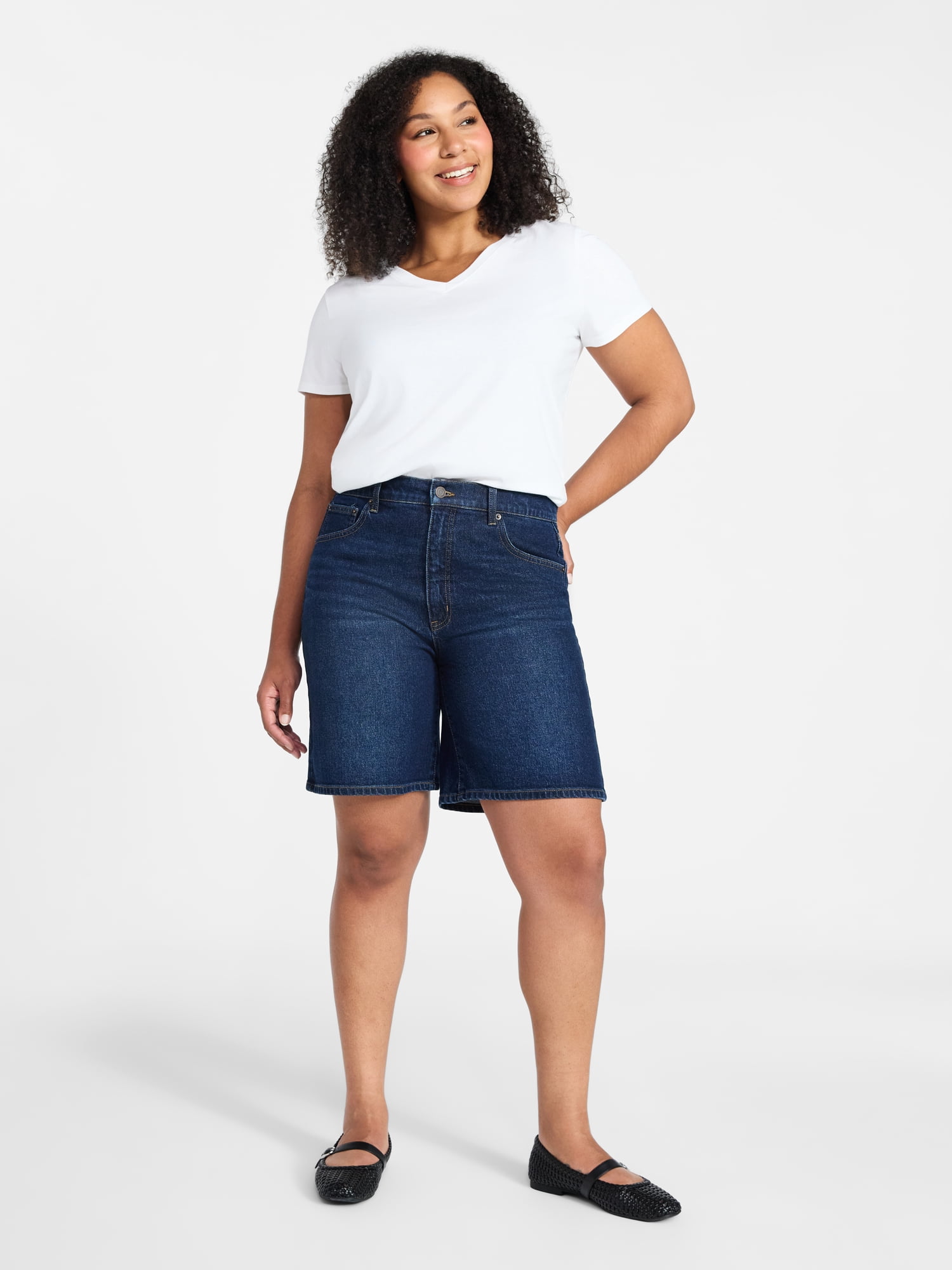 Time and Tru Women's High Rise Denim Bermuda Shorts, 9" Inseam, Sizes 0-20
