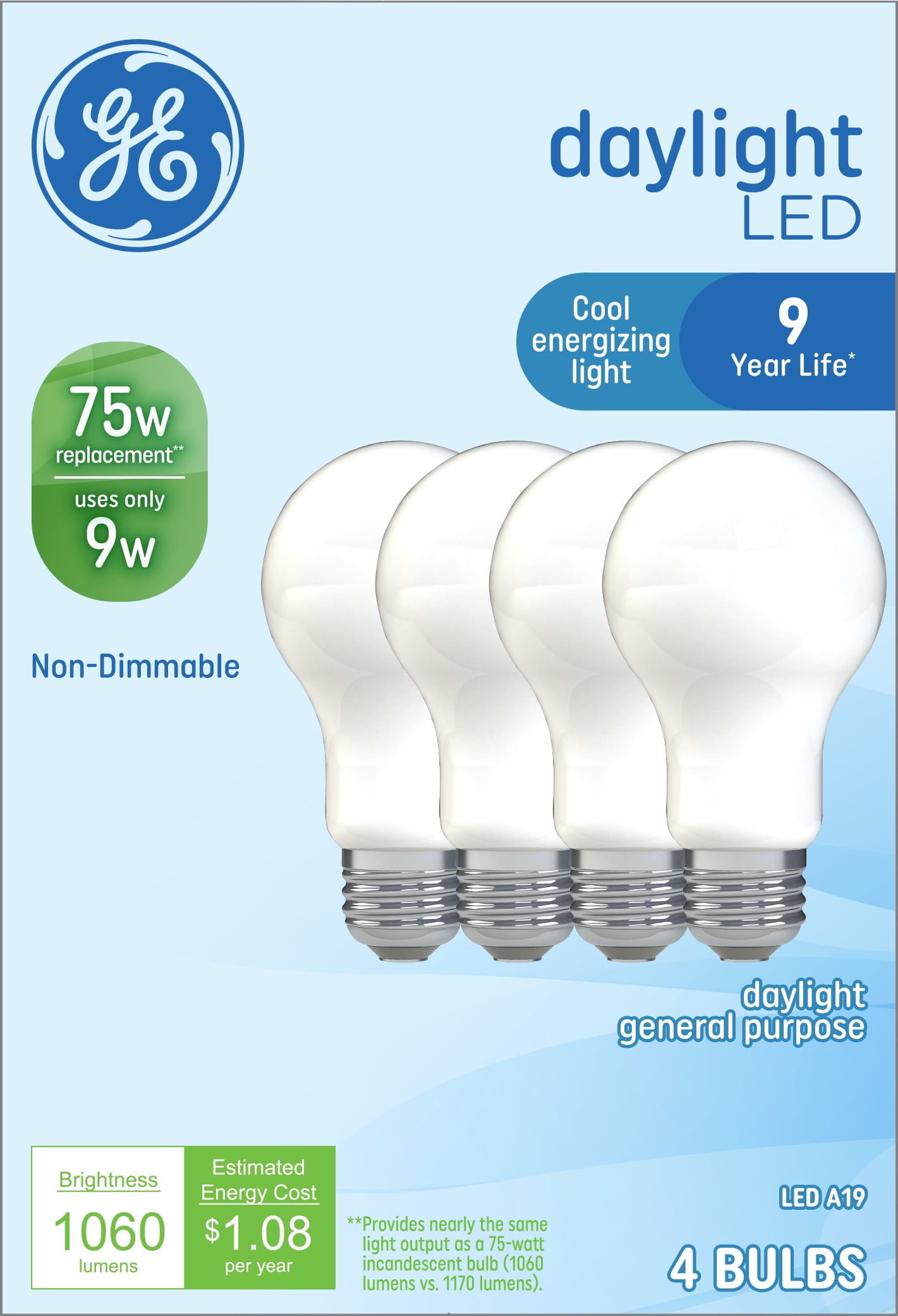 GE Daylight LED Light Bulbs, 75 Watt Eqv, A19 General Purpose, 9 year, 4pk