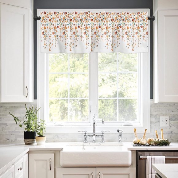 Fall Floral Kitchen Valance for Windows Weeping Flower Vines Curtain Valances Rod Pocket Panels Bedroom Bathroom Short Window Treatment Red Orange and Turquoise Decorative Half Drapes, 54x18In