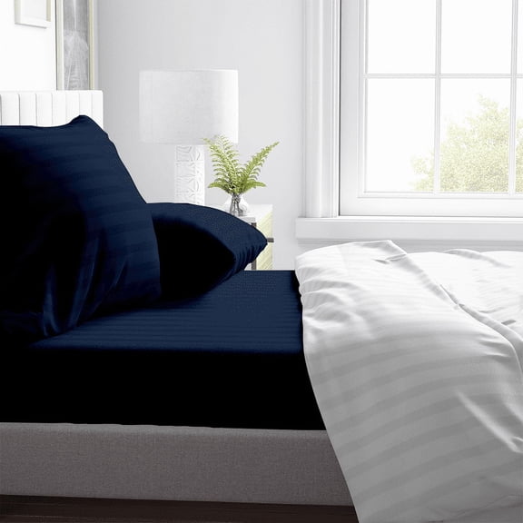 Kotton Culture 600 TC 4 Pc Striped Bed Sheet Set 100% Egyptian Cotton (1 Flat Sheet, Fitted Sheet with 16 inch Deep Pocket,2 Pillowcases) Pinstripe Patterned Bedding (Twin, Navy Blue)