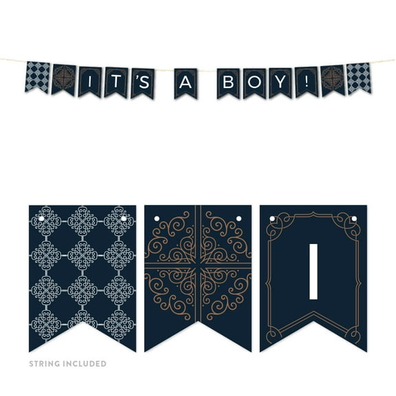 Navy Blue Art Deco Vintage Party Baby Shower, It's a Boy! 5-Feet Hanging Pennant Party Banner with String