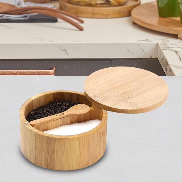 Tarros de especias de bambú, azucarero, dispensador multiusos con tapa, cilindro, contenedor de condimentos, caja de condimentos para hornear, hogar y Hotel Doble rejilla