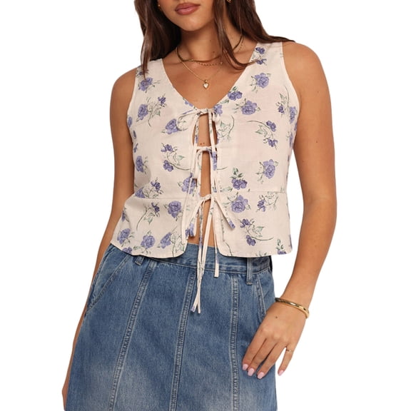 Michellecmm Women's Summer V Neck Tank Tops Cute Floral Print Sleeveless Tie-up Front Vest Shirts