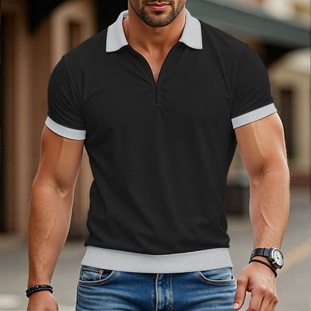 Waffleknit Golf Shirts for Men with Zipper Collared Short Sleeve Tshirts Shirt Mens Casual Solid Color Pullover Slim Athletic Workout Tees Tops
