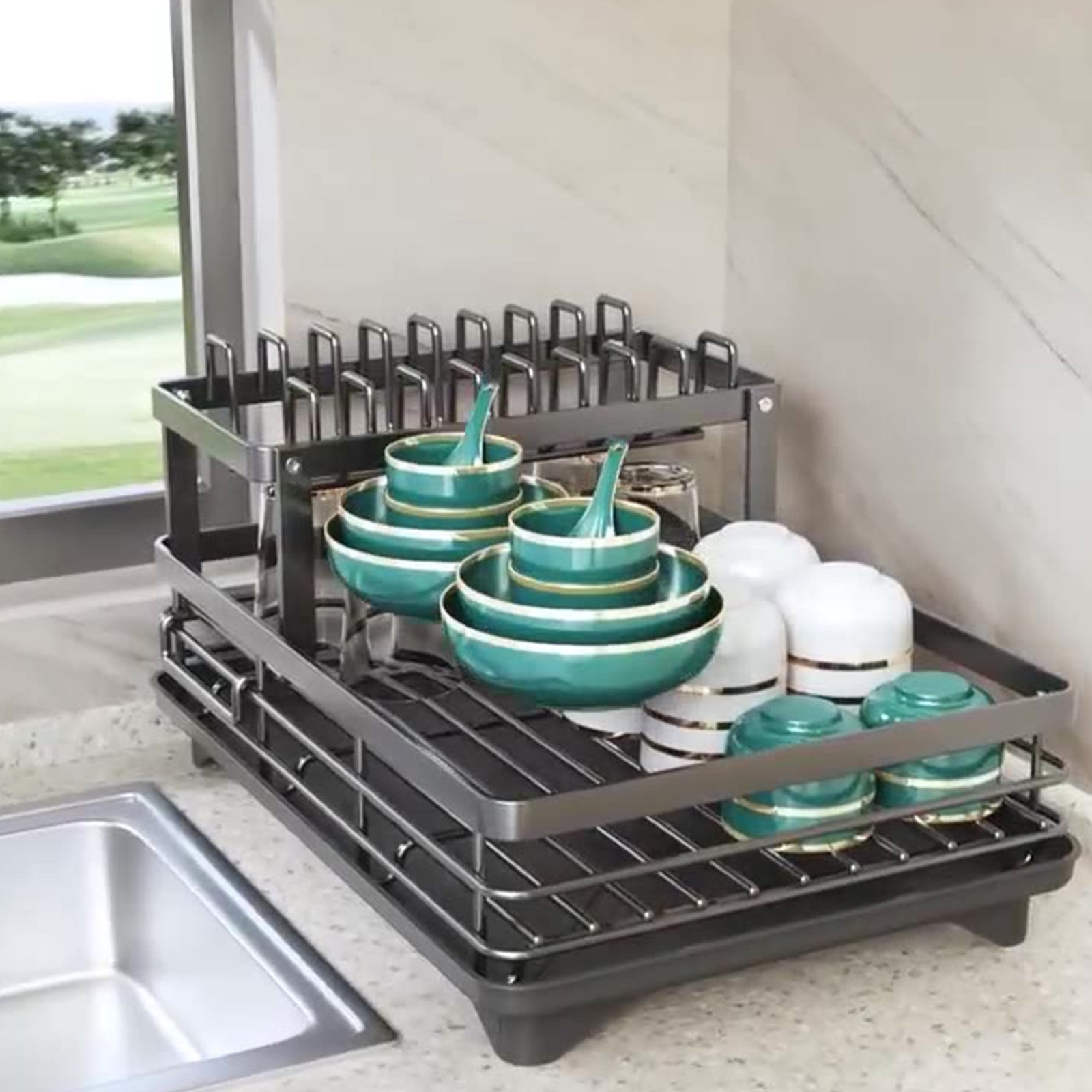 Dish Drying Rack, Dish Racks for Kitchen Counter, Kitchen Organizers and Storage Rack with Drainboard and Cutlery Holder (Black,Double-Layer Standard Version)