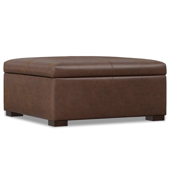 Gabbie 36 inch Wide Square Coffee Table Storage Ottoman in Distressed Chestnut Brown Vegan Leather