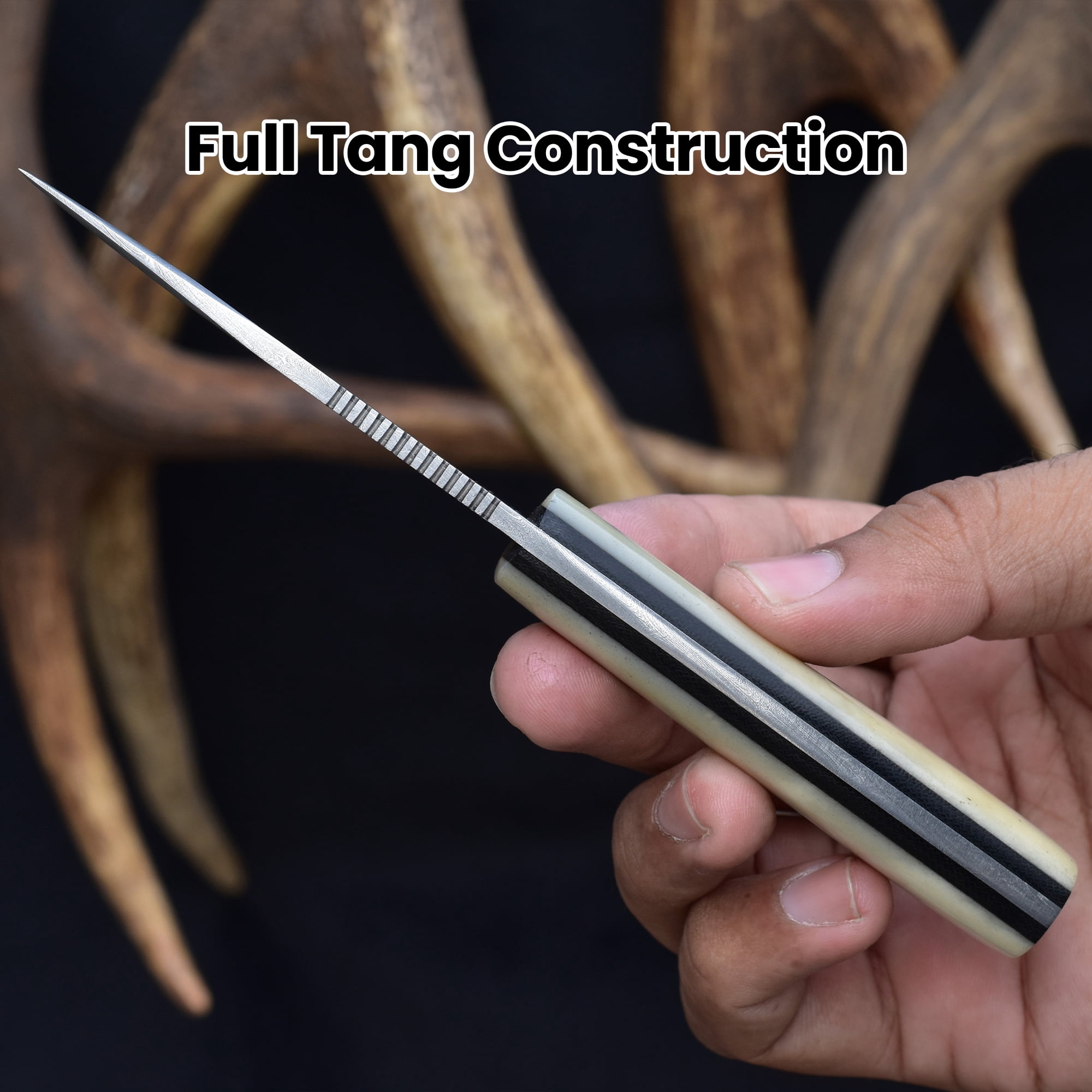 Knives Ranch 4402 Damascus Steel Fixed Blade Knife with Bone Handle – Hand Forged Hunting Knife, Razor Sharp Outdoor Camping Survival Knife