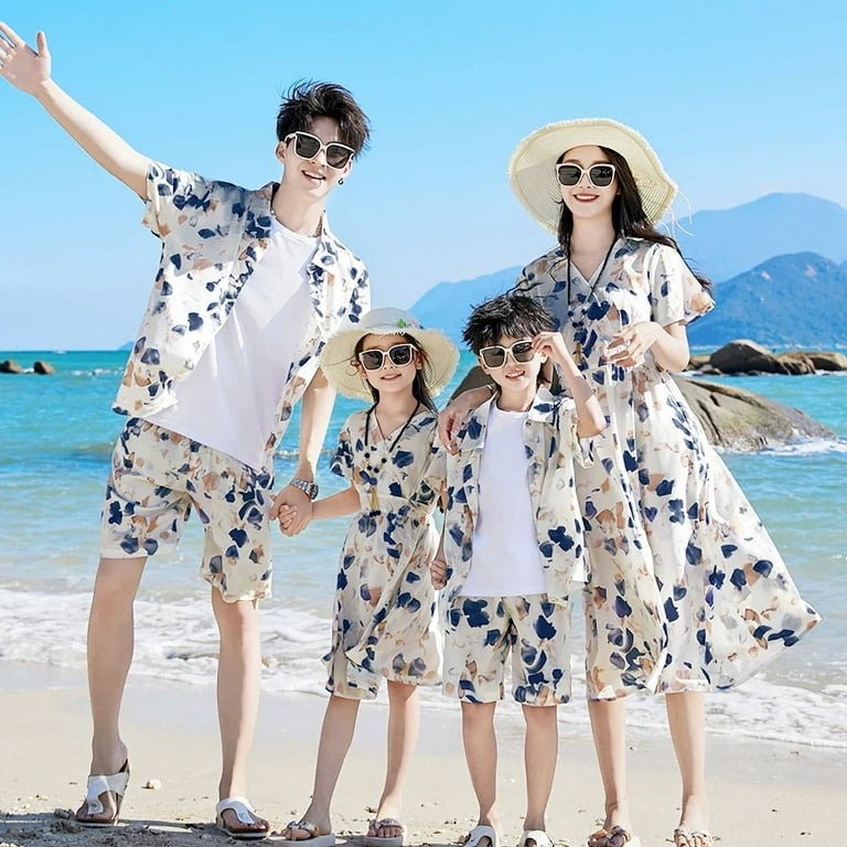 Family Matching Outfits Summer Beach Mum Daughter Dresses Dad Son Floral Shirts T shirt Shorts Holiday Seaside Couple Clothes