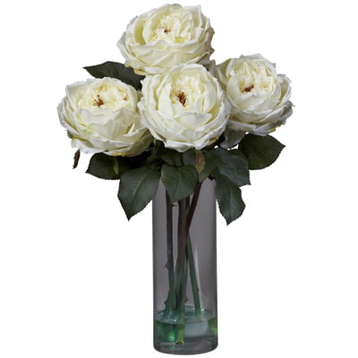 Nearly Natural Fancy Rose w/Cylinder Vase Silk Flower Arrangement The Rose is beauty and elegance personified. And that’s exactly what you’ll sense when you gaze upon this striking 5 bloom bouquet. Strong  green stems (replete with thorns!) give way to a lush bed of leaves  from which the supple blooms burst. A beautiful cylinder vase w/ faux water completes the picture. Adds beauty to any room  and also makes a great gift. Height: 18 In. Depth: 12 In. Width: 12 In. Pot Size: W: 3.5 in  H: 10.5 in Planter  vase or basket is included in the height.