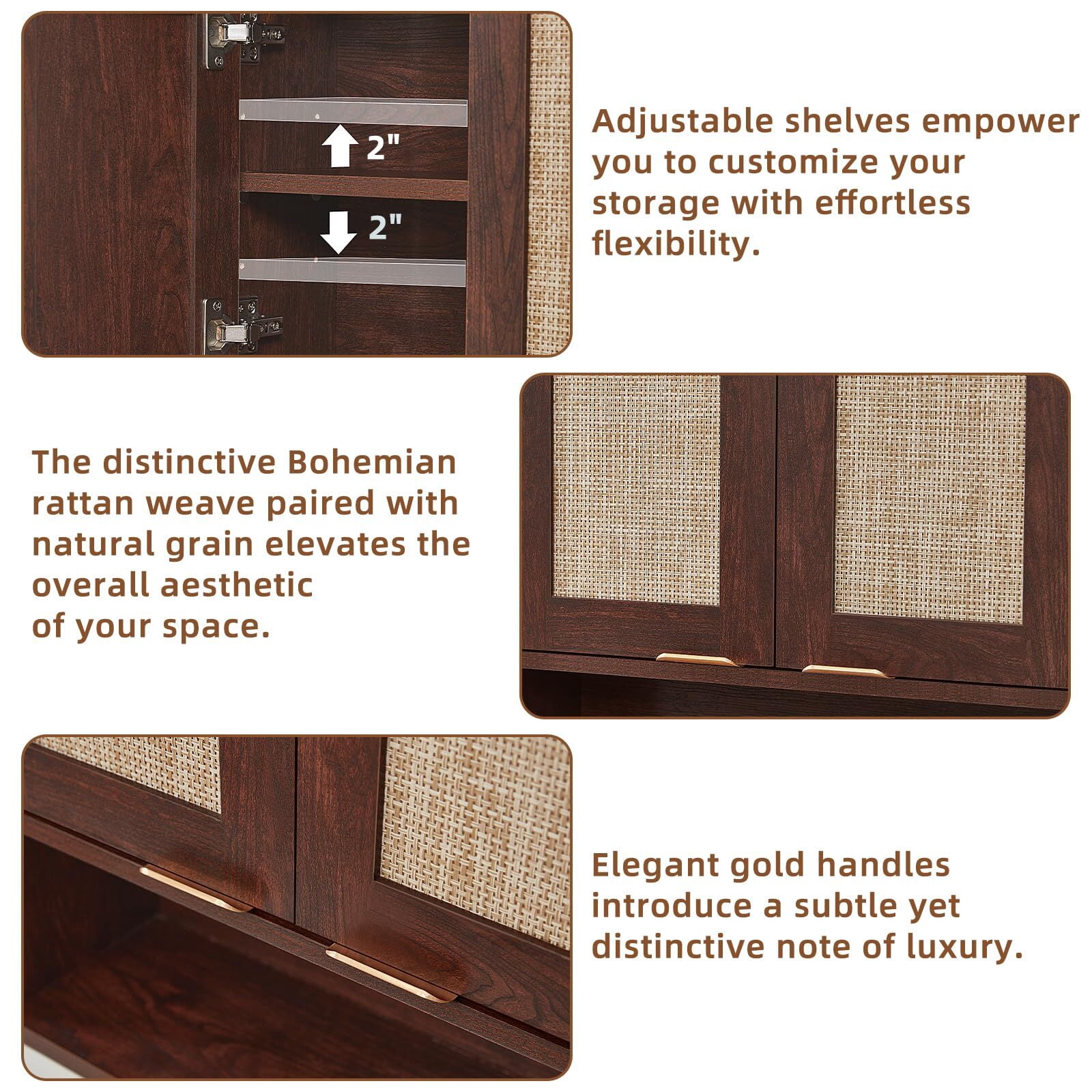 LELELINKY Rattan Wood Bathroom Wall Cabinet with Adjustable Shelf, Boho Medicine Cabinet for over Toilet Storage, Laundry Room, Walnut