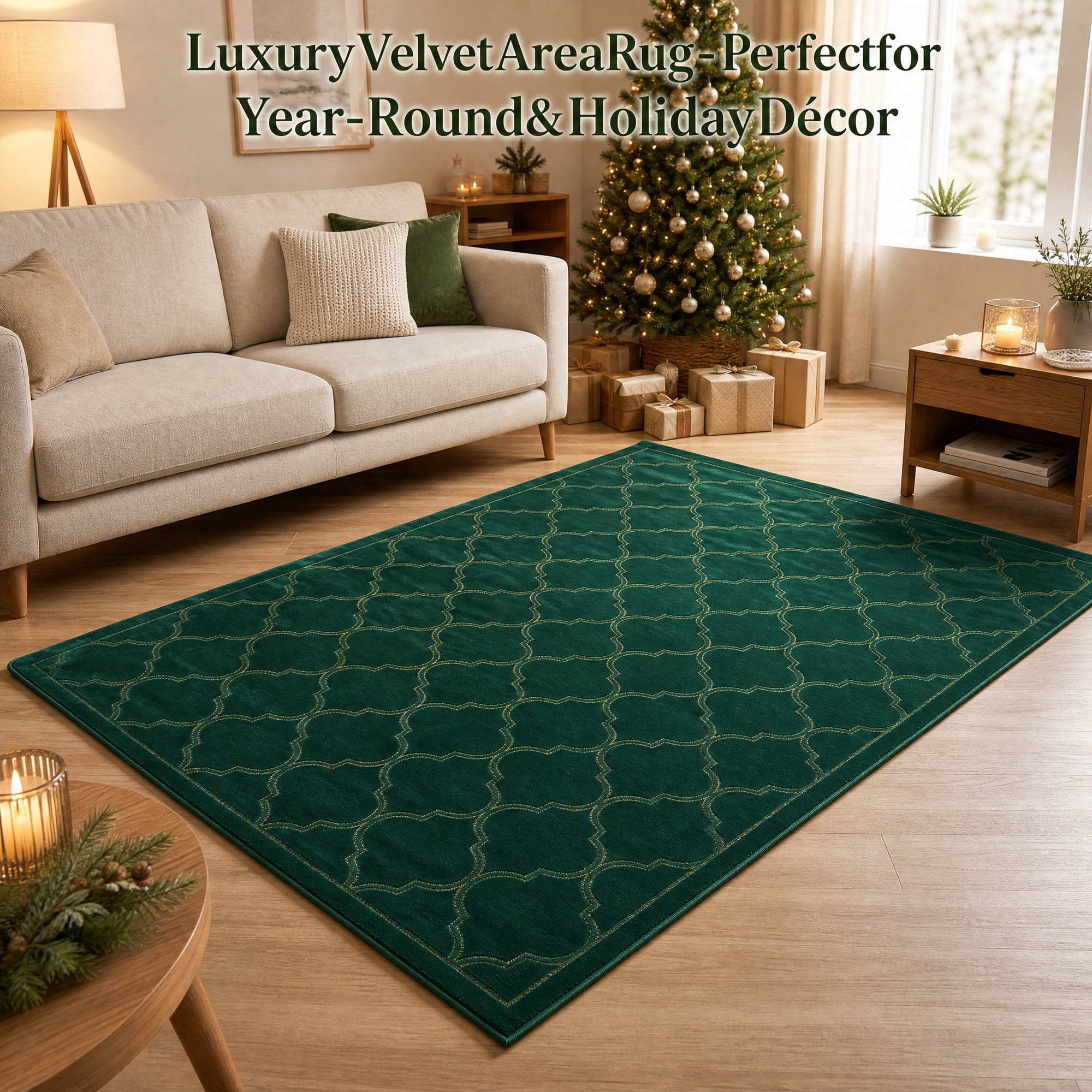 140 × 200 cm Rectangular Velvet Area Rug, 1 cm Thick Dark Green Geometric Lattice Pattern Carpet for Living Room, Bedroom, Sofa Area, Christmas Home Décor