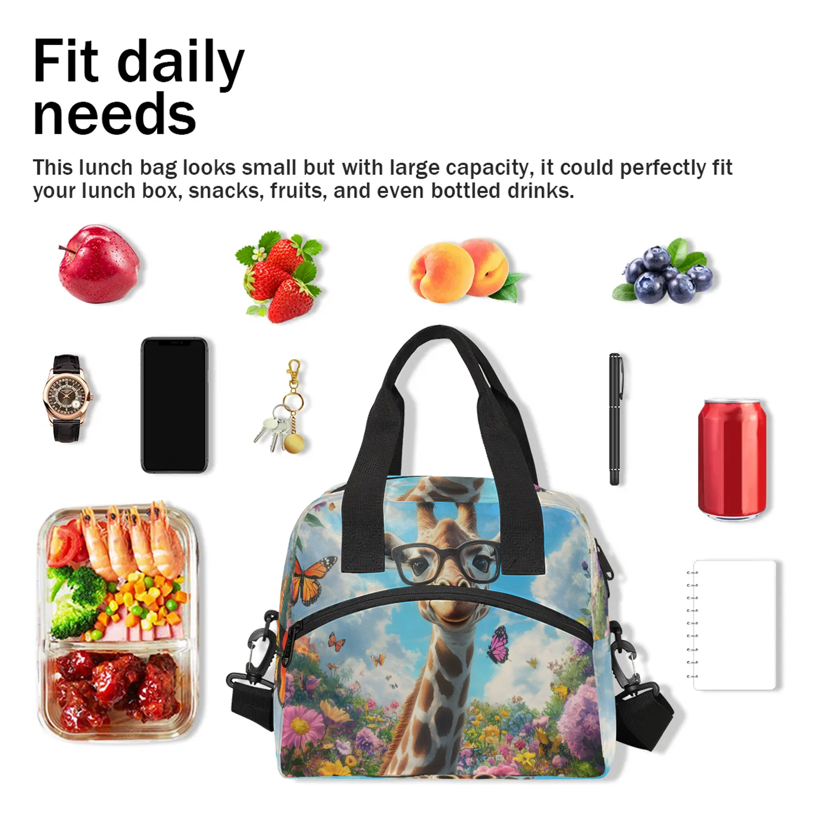 Herdesigns Giraffe Lunch Bag for Men Women Adults Cute Insulated Lunch Box Leakproof Cooler Tote Bag Organizer with Adjustable Shoulder Strap