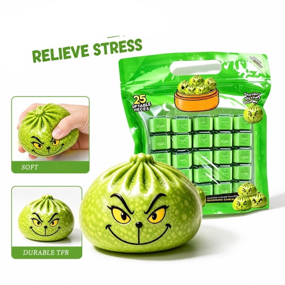 Monster Mini Dumplings,Squishy Dumplings Mystery for Party Favors 25 PCS,Green Squishies Dumplings Slow Rising Stress Ball with Steamer for Holiday Gifts