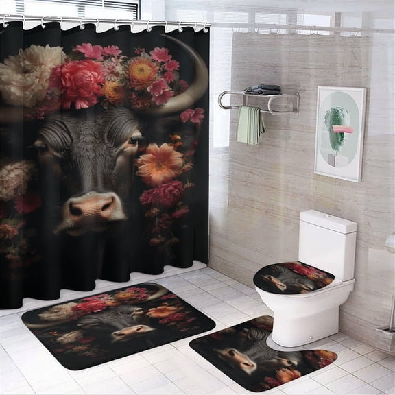 Farmhouse Highland Cow Funny Cattle And Flower Shower Curtain Home Decor, Polyester Cotton Fabric Waterproof Modern Bath Curtain with 12 Hooks 72x72 Inch