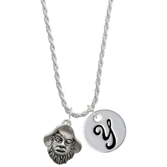 Delight Jewelry Silvertone Large Pirate - Mascot Silvertone Script Initial Disc - Y - Charm Necklace, 20"+3"