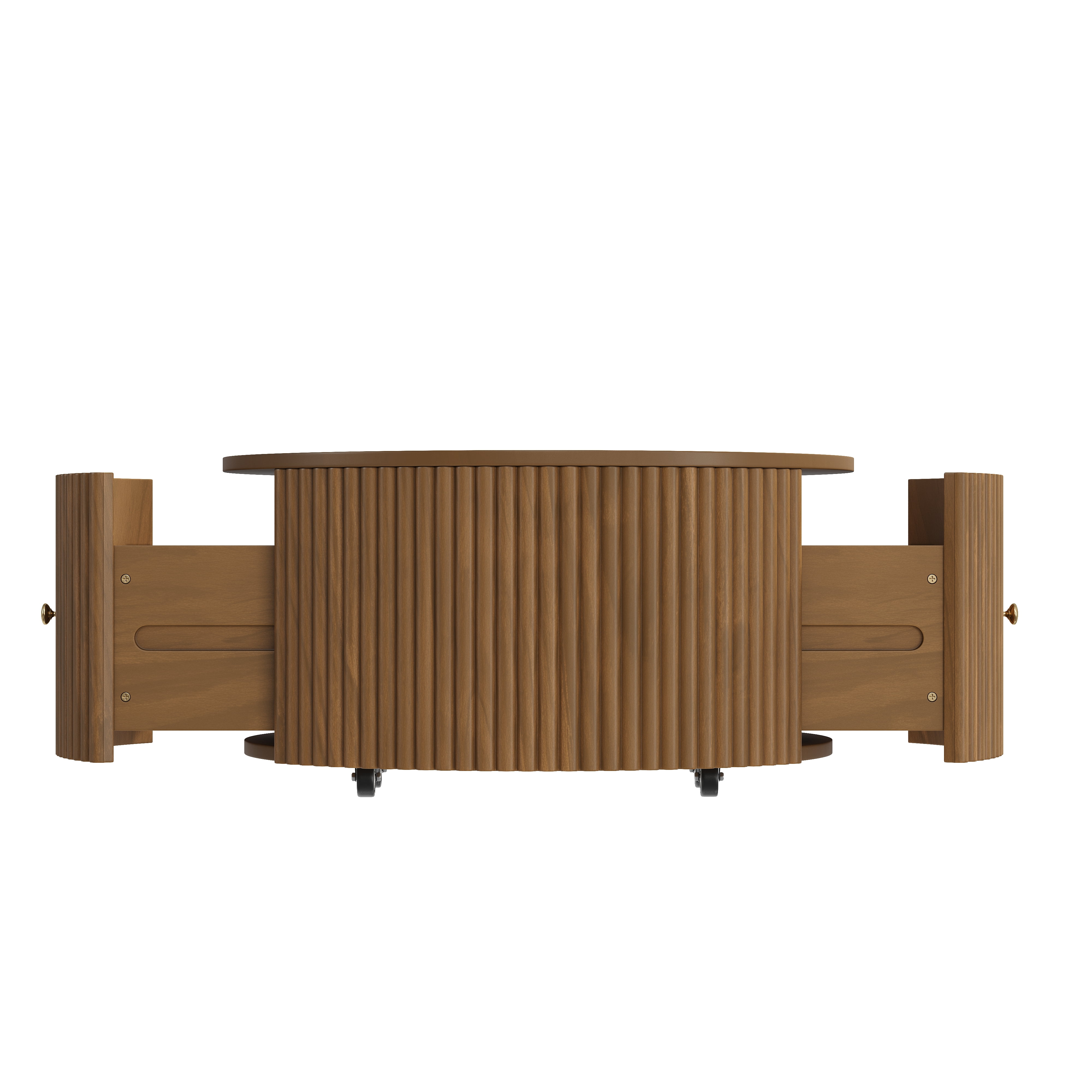 Garitin Coffee Table and Round Fluted Drum Pedestal 30.3 Inch, Mid Century Modern Center Table with Hidden Drawers and Rolling Casters for Living Room, Walnut