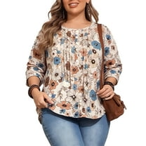 Cuteduck Women Plus Size Printed Tunic 3/4 Sleeve Fall Pleated Round-neck Casual Loose Ruffled Top 1X-4X
