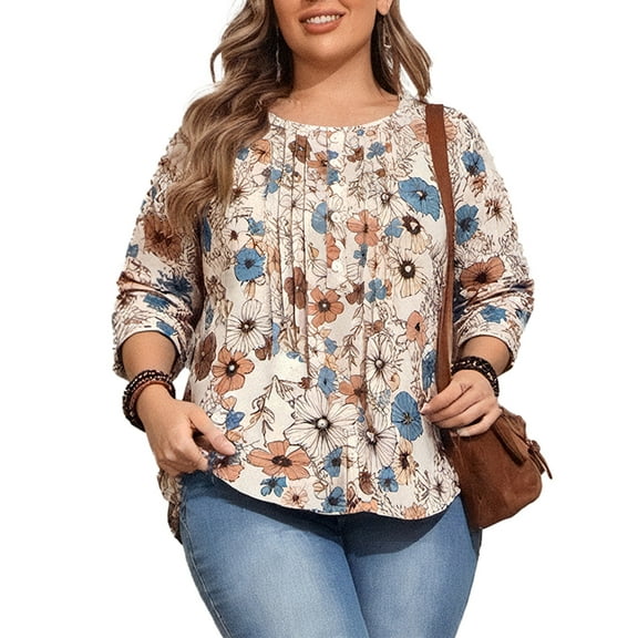 Cuteduck Women Plus Size Printed Tunic 3/4 Sleeve Fall Pleated Round-neck Casual Loose Ruffled Top 1X-4X