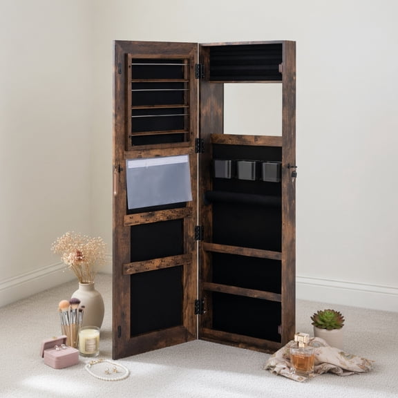 Resenkos Jewelry Organizer,Jewelry Armoire Storage Organizer,Mirrored Jewelry Armoire with Full Length Mirror and 2 Internal LED Lights-Rustic Brown