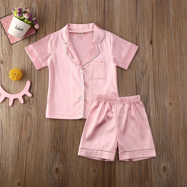 Fortune 1 6y Kids Pajamas Sleepwear Short Sleeve Solid Tops Pants Nightwear Pink