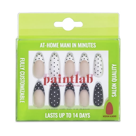 PaintLab Medium Almond Shape Press on Nails, Polka Dot Couture, Black and White, 30 Count