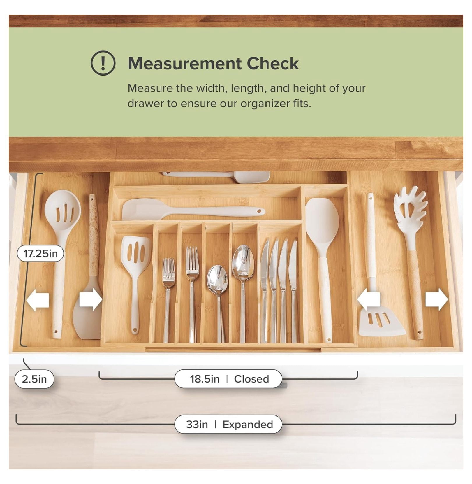 Premium Silverware, Flatware and Utensil Organizer for Kitchen Drawers, Food-Safe Contract Grade, Expandable from 18 to 33 In, Natural Bamboo