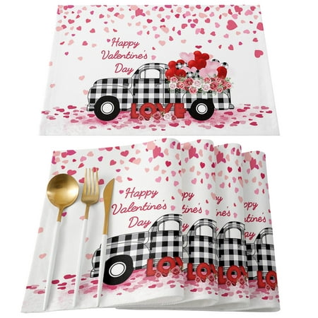 

Valentines Day Placemats Set of 4 Buffalo Check Plaid Love Hearts Polyester Stain Resistant Table Mats Washable Placemat Decoration for Kitchen Dining Table Rustic Farmhouse