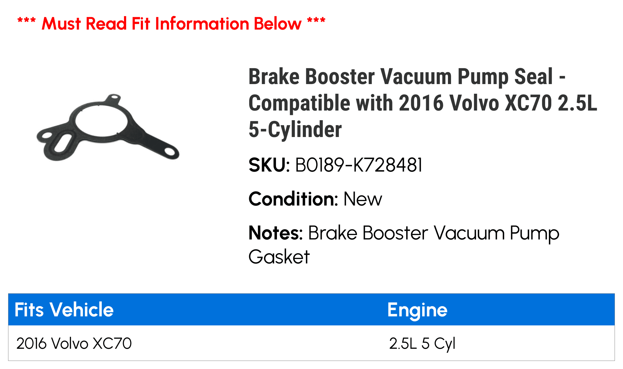 Brake Booster Vacuum Pump Seal - Compatible with 2016 Volvo XC70 2.5L 5-Cylinder