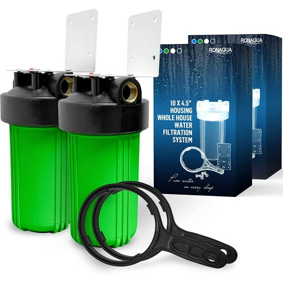 High Capacity 10 x 4.5” Whole House Filter Purifier System for Well or City Water, Presser Relief Button, 1” NPT Brass Port, Double O-ring, Meets NSF Standards & Regulations (Green, 2 Sets)