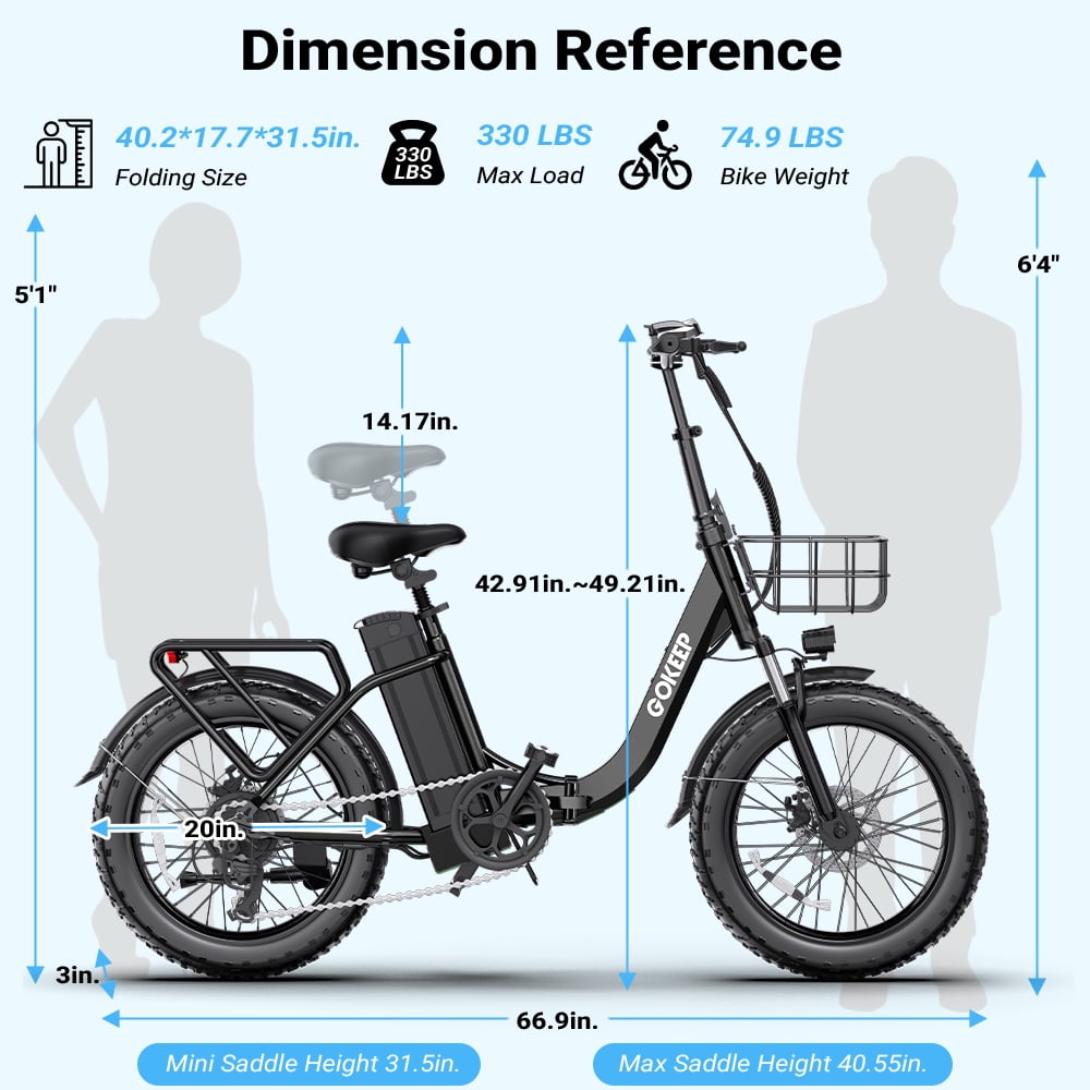 GOKEEP Folding Electric Bike for Adult, 52V 13Ah Removable Battery, 20" Fat Tire & Front Suspension Electric Bicycles, 7-Speed Commuter Ebike, UL2849, Black